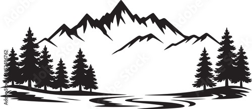 A bold silhouette illustration of a mountain range with a winding river and a forest of pine trees.