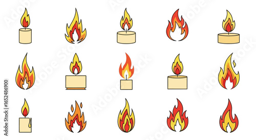 Vector Icons Set of Assorted Stylized Candle and Fire Flame Icons A Colorful Graphic Vector Set. Vector Illustrations. EPS Editable