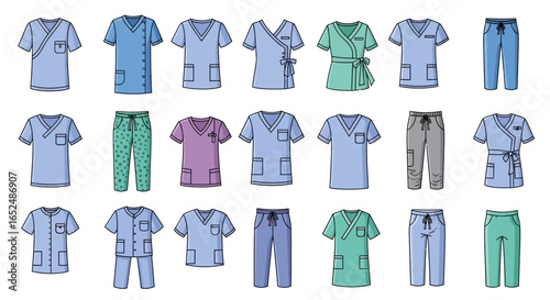 Vector Icons Set of Assorted Medical Scrubs Collection Colorful Cartoon Illustrations of Healthcare Uniforms. Vector Illustrations. EPS Editable
