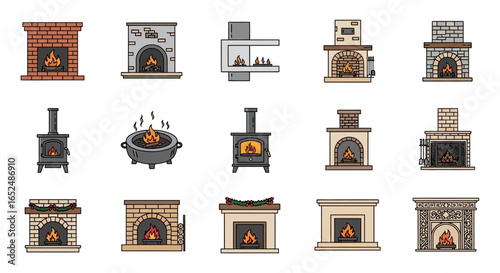 Vector Icons Set of Assorted Fireplace and Hearth Icons A Colorful Line Art Set of Cozy Designs. Vector Illustrations. EPS Editable