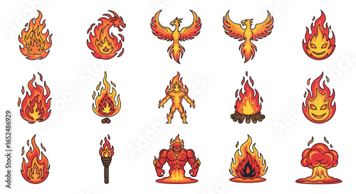 Vector Icons Set of Blazing Cartoon Collection Fire Monsters Phoenix Dragon and Flame Icons. Vector Illustrations. EPS Editable