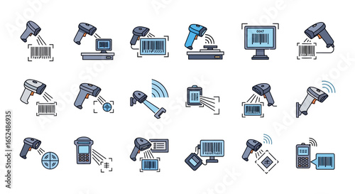 Vector Icons Set of Barcode Scanner Technology and Logistics Operations A Color Line Icon Set. Vector Illustrations. EPS Editable