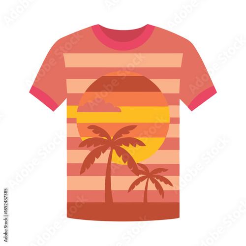 A trendy black t-shirt featuring a bold retro-style graphic with rainbow gradient stripes, palm trees, flying birds, and the word "DESIGN." Perfect for casual wear, summer outfits, and fashion lovers 