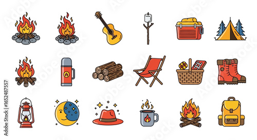 Vector Icons Set of Colorful Cartoon Camping Icon Set for Outdoor Adventure and Recreation. Vector Illustrations. EPS Editable