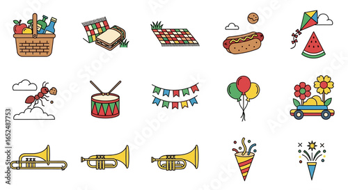Vector Icons Set of Colorful Filled Outline Icons for Summer Festivals Picnics and Parades. Vector Illustrations. EPS Editable