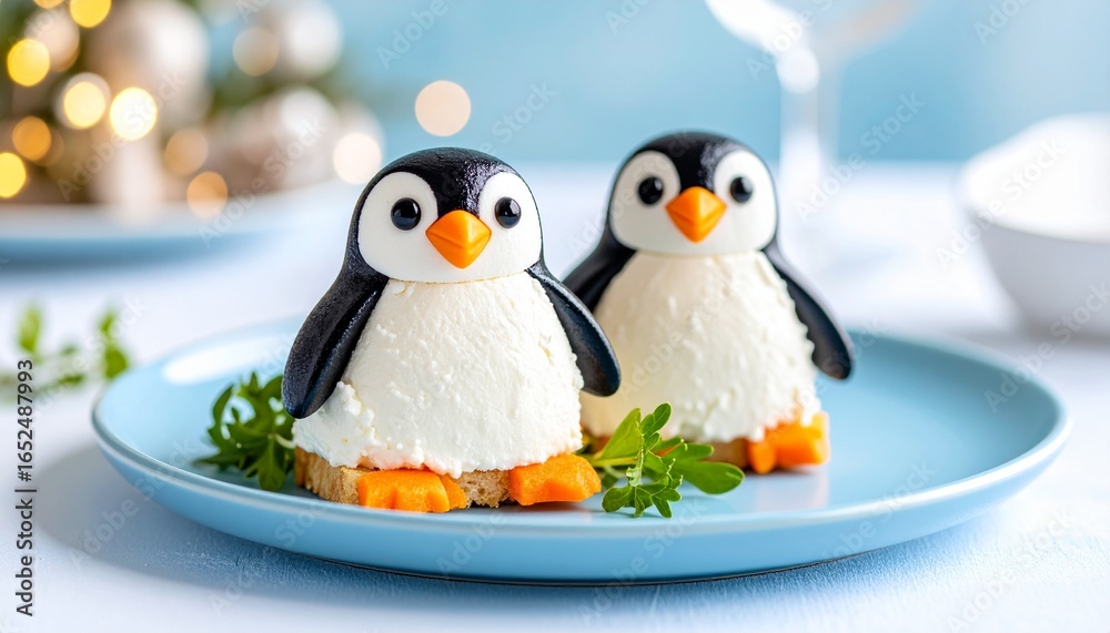 Obraz premium Festive Penguin Appetizers Cream Cheese and Olive Delights for Winter Celebrations