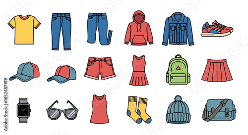 Vector Icons Set of Colorful Flat Line Icon Set of Casual Clothing and Modern Accessories. Vector Illustrations. EPS Editable