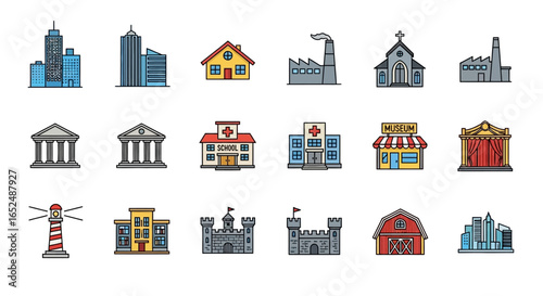 Vector Icons Set of Colorful Flat Line Icon Set of Diverse Urban Rural and Public Buildings. Vector Illustrations. EPS Editable