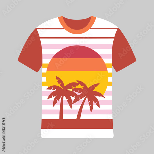 A trendy black t-shirt featuring a bold retro-style graphic with rainbow gradient stripes, palm trees, flying birds, and the word "DESIGN." Perfect for casual wear, summer outfits, and fashion lovers 