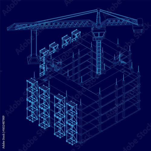 A 3D wireframe model of a city building under construction features a crane lifting heavy components against a blue background. The detailed structure includes beams, scaffolding.