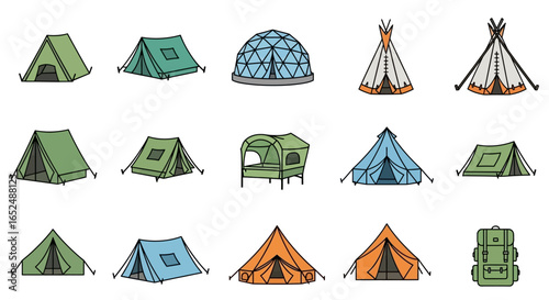 Vector Icons Set of Colorful Illustrated Guide to Camping Tents from Tipi to Dome. Vector Illustrations. EPS Editable