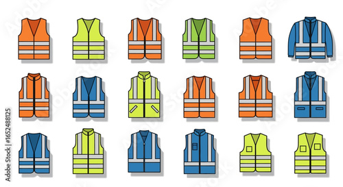 Vector Icons Set of Colorful Grid of HighVisibility Safety Vests and Jackets A Diverse Icon Set of Reflective Workwear. Vector Illustrations. EPS Editable