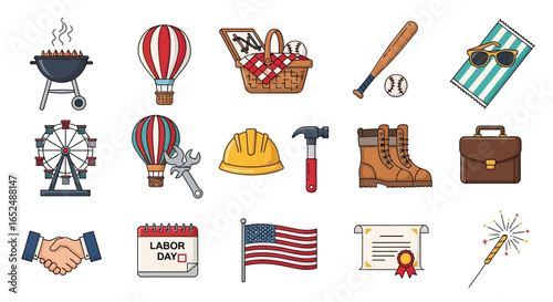 Vector Icons Set of Colorful Labor Day Icon Set Celebrating American Work Leisure and Patriotism. Vector Illustrations. EPS Editable