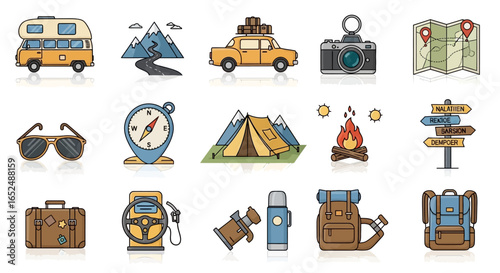 Vector Icons Set of Colorful Line Art Icon Set for Road Trips Camping and Outdoor Adventures. Vector Illustrations. EPS Editable