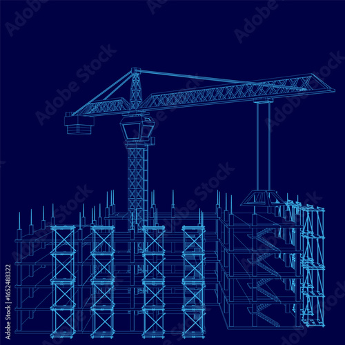 A detailed blueprint of a building under construction features a wireframe structure with a towering crane in the background. The deep blue background adds depth and a modern urban feel.