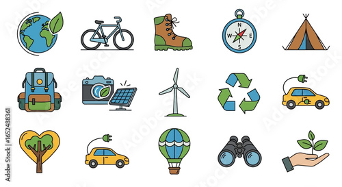 Vector Icons Set of Colorful Line Art Icons for Ecotourism Sustainability and Green Energy. Vector Illustrations. EPS Editable