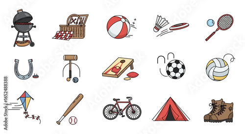 Vector Icons Set of Colorful Outlined Icon Set of Summer Outdoor Activities Sports and Leisure. Vector Illustrations. EPS Editable