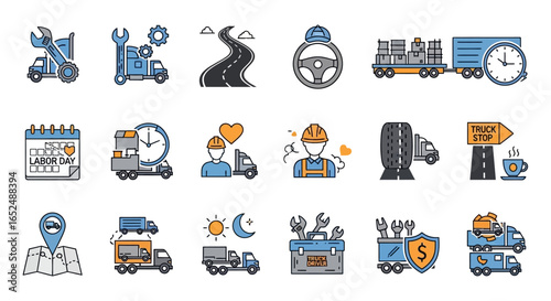 Vector Icons Set of Colorful Trucking and Logistics Icon Set Driver Freight and Maintenance Symbols. Vector Illustrations. EPS Editable