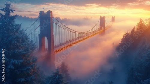 Misty sunrise over a suspension bridge