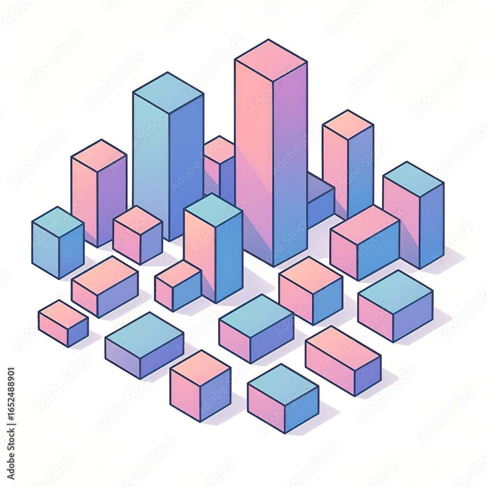 Obraz premium Isometric geometric city block illustration with rectangular prism buildings in blue and pink tones