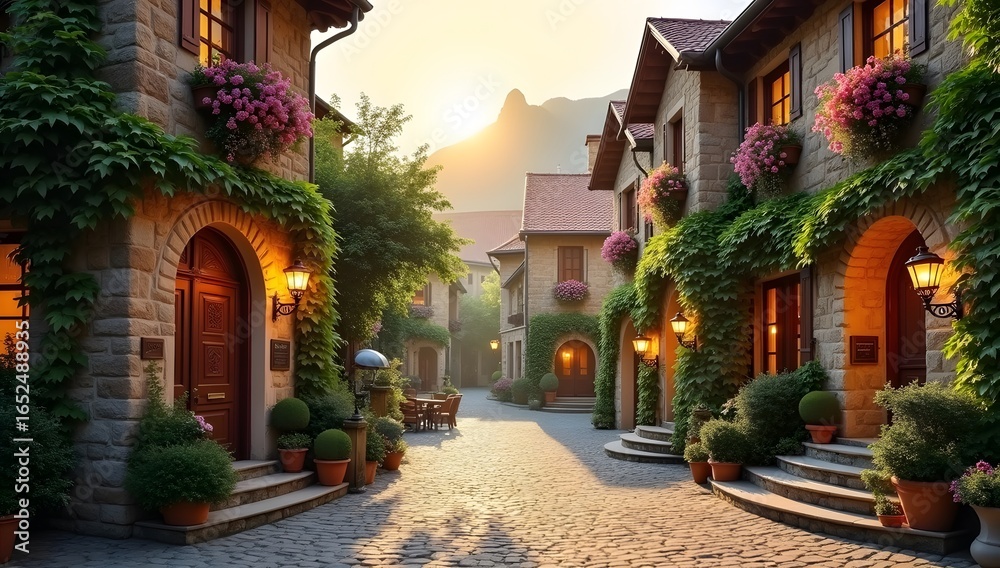 Fototapeta premium A vibrant yet serene wide-angle view of a quaint European village street, with charming medieval-style stone buildings and cobblestone pavement. The street is lined with climbing ivy, potted plants, a