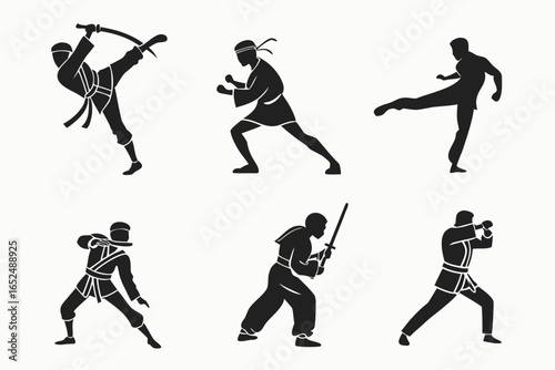 Silhouette of ninja in various poses isolated on white background