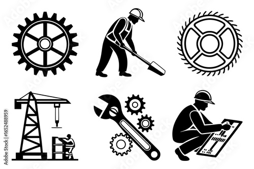 Construction worker and industrial gear isolated on white background