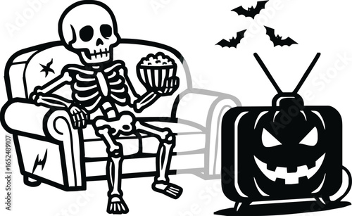 Skeleton watching TV with popcorn on Halloween.