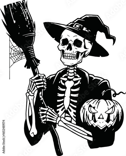 A skeleton dressed as a witch holds a broom and a carved jack-o'-lantern pumpkin for Halloween.