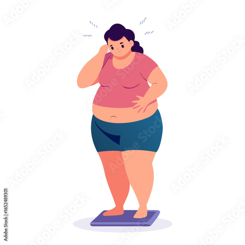 Overweight and Obese people concept. Fat obese sad woman standing on scales having weight problems feeling stressed vector illustration