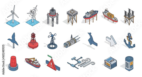 Vector Icons Set of Detailed Isometric Icons for Maritime Shipping and Offshore Wind Energy Industries. Vector Illustrations. EPS Editable