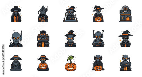 Vector Icons Set of CyberSpooky Halloween Icon Set Robotic Skeletons and Pumpkins in Vector Style. Vector Illustrations. EPS Editable