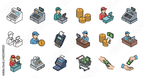 Vector Icons Set of Detailed Isometric Shopping and Commerce Icon Set with Cashiers and Currency. Vector Illustrations. EPS Editable
