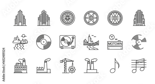 Vector Icons Set of Detroit Motor City Line Icons Motown Automotive and Industrial Heritage. Vector Illustrations. EPS Editable