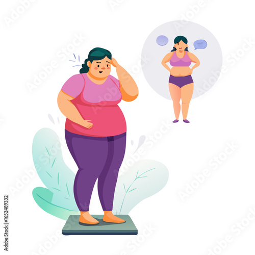 Overweight and Obese people concept. Fat obese sad woman standing on scales having weight problems feeling stressed vector illustration