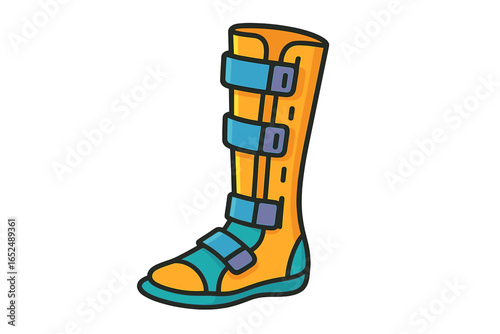 Colorful orthopedic boot with straps and secure fastenings orthopedic leg brace