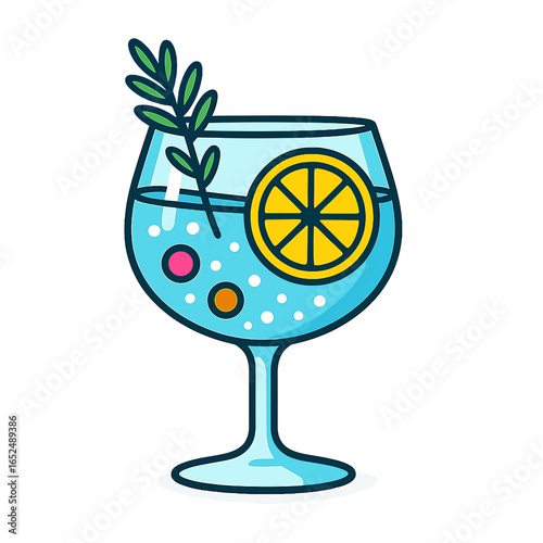 Colorful cocktail glass with lemon and olive garnish gin and tonic glass
