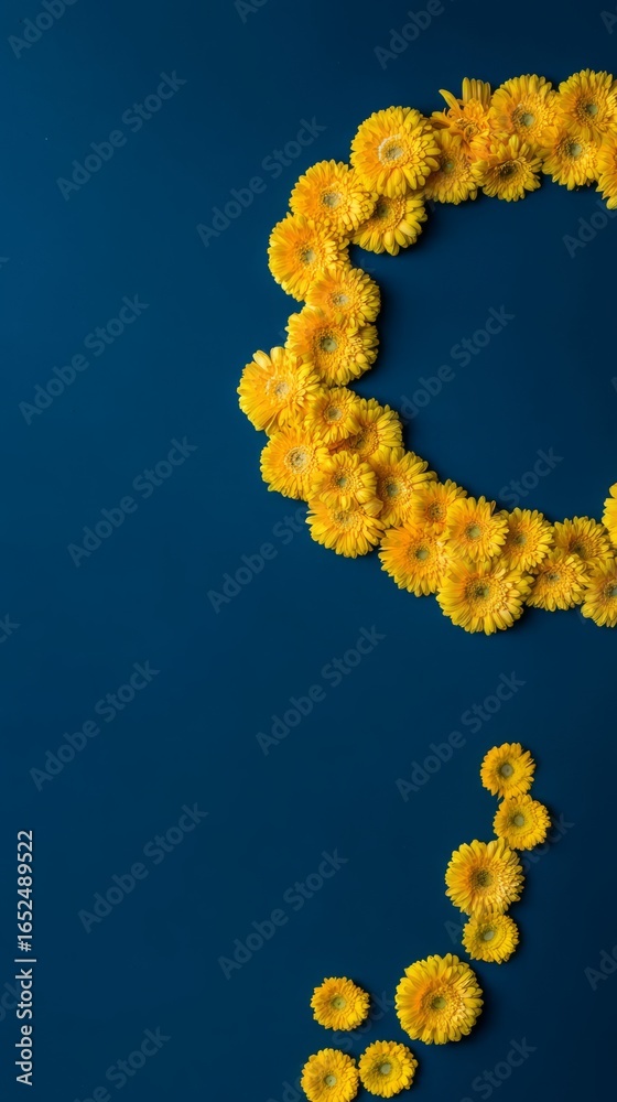 Obraz premium Vibrant yellow gerbera daisies in an artistic composition against a deep blue background with minimal negative space. 