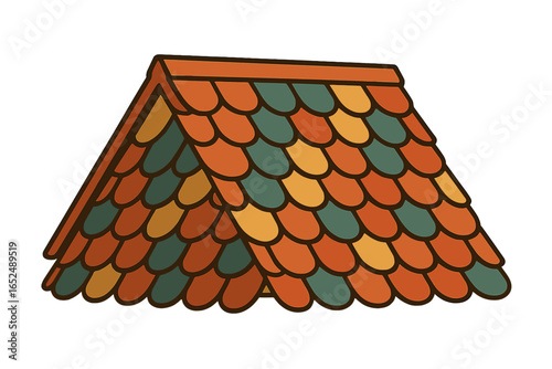 Colorful roof design with shingles in orange and green tones roof tiles of ancient house