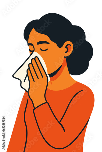 Young woman wiping her nose with a tissue and feeling unwell person wiping nose with tissue