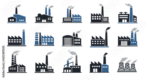 Vector Icons Set of Diverse Collection of Blue and Black Industrial Factory and Power Plant Icons in a Flat Design. Vector Illustrations. EPS Editable