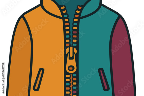Colorful zip-up jacket with vibrant panels and bold design jacket zipper closeup