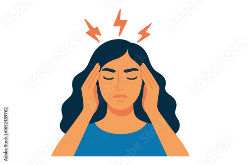 Young woman holding her head in pain with lightning symbols around woman holding migraine head