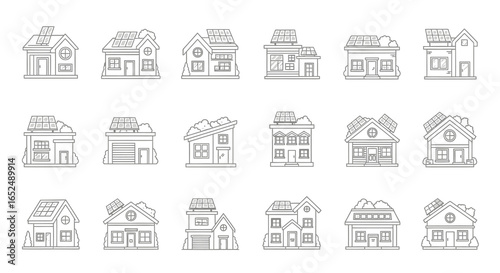 Vector Icons Set of Diverse Set of EcoFriendly House Icons with Rooftop Solar Panels in Line Art Style. Vector Illustrations. EPS Editable