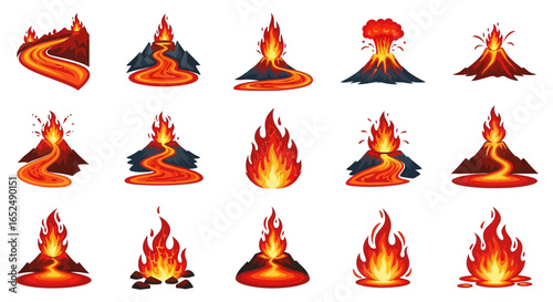 Vector Icons Set of Dynamic Cartoon Volcano Eruptions and Lava Flow Vector Icon Set. Vector Illustrations. EPS Editable