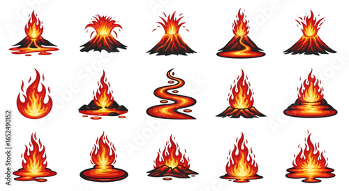 Vector Icons Set of Dynamic Set of Fiery Volcano Eruptions and Molten Lava Flow Icons. Vector Illustrations. EPS Editable