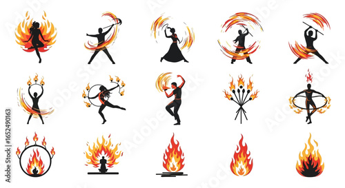 Vector Icons Set of Dynamic Fire Show Performers A Vector Icon Set of Dancers and Juggler Silhouettes. Vector Illustrations. EPS Editable