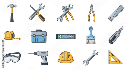 Vector Icons Set of Essential construction and repair tool icon set in a colorful cartoon style Vector graphics of a hammer drill saw and safety equipment. Vector Illustrations. EPS Editable