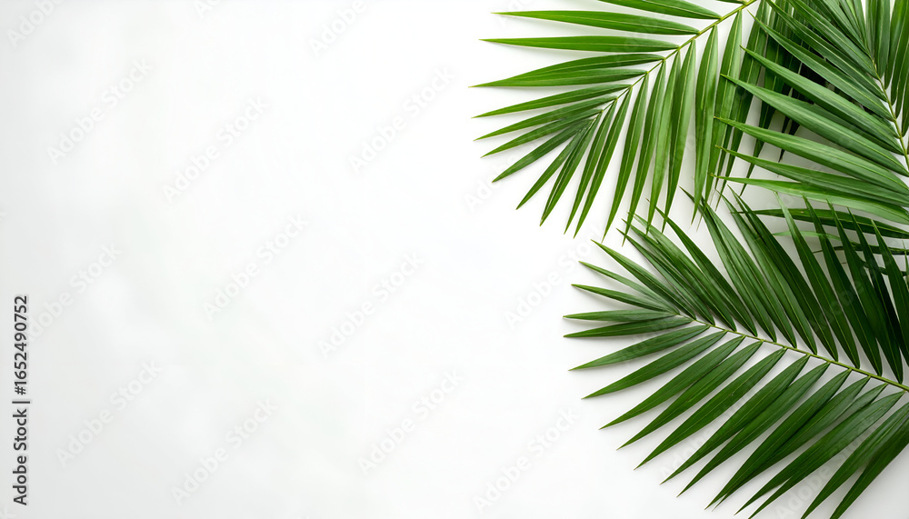 Fototapeta premium Fresh green palm fronds arranged in a corner on a bright white background.