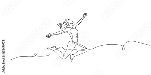 Happy woman jumping continuous line drawing vector illustration